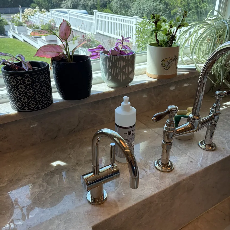 Chrome bridge faucet and filtered-water tap on a kitchen counter