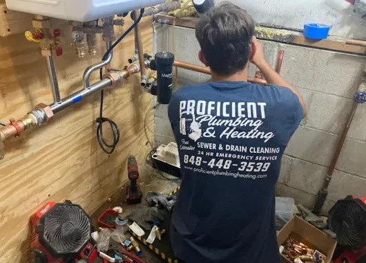 Proficient Plumbing & Heating master technician servicing a drain and piping panel